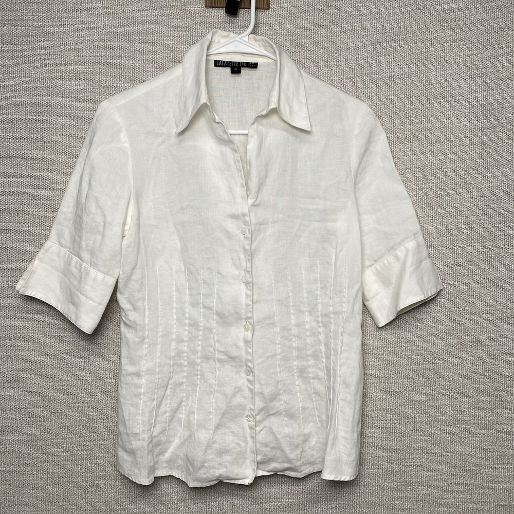 Lafayette 148 Shirt Size 4 Button Up Half Sleeve Pintuck Linen Coastal Prep Chic